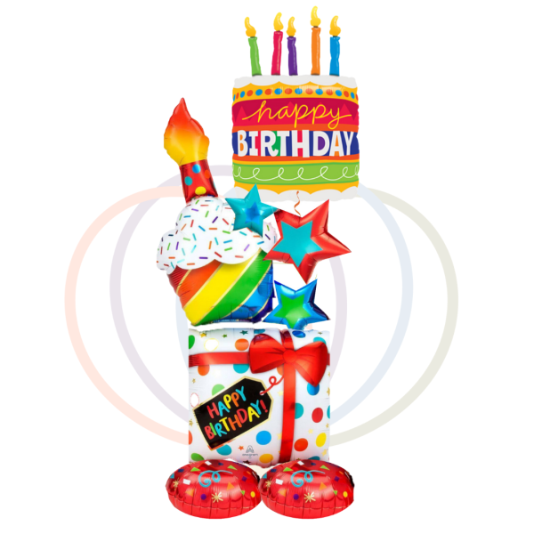 Vibrant Birthday Bash Balloon Tower with Cake and Candles
